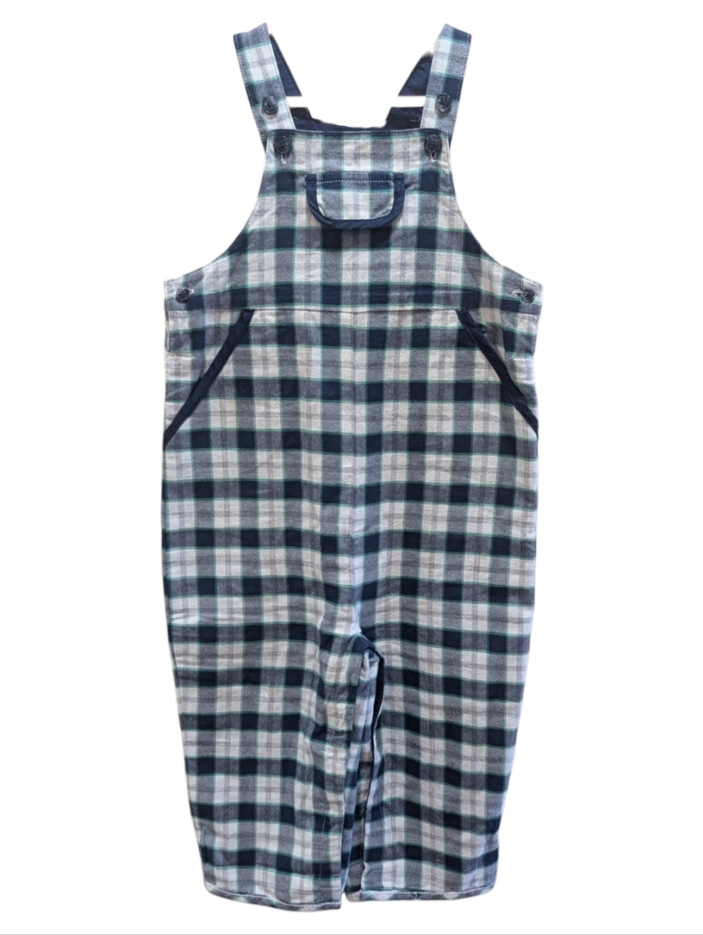 Janie and Jack Navy, White and Green Plaid Overalls Size 6-12 Months